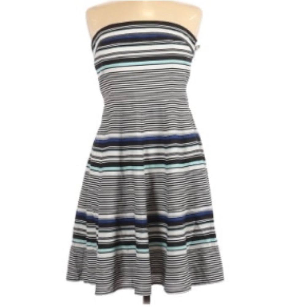 NWOT Black/White/Turquoise Horizontal Striped Strapless Dress w/Skinny Belt Midi
